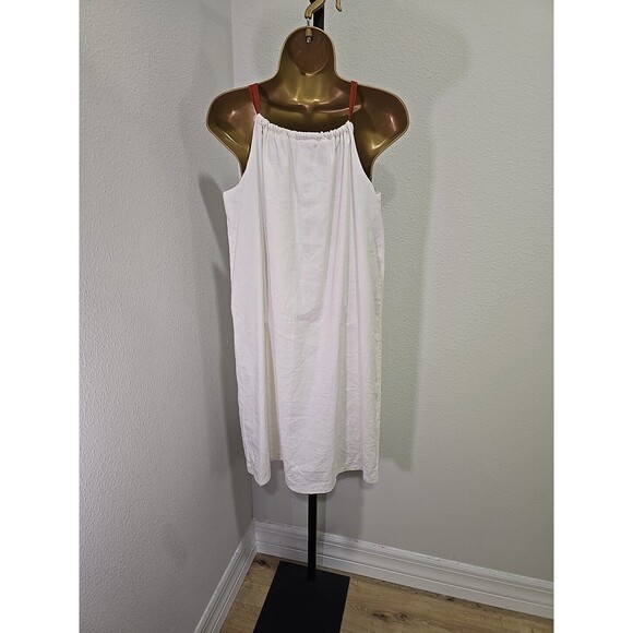 Handmade White Linen Shift Womens Lge Halter Brown Strap Peasant Resortwear - Picture 5 of 7